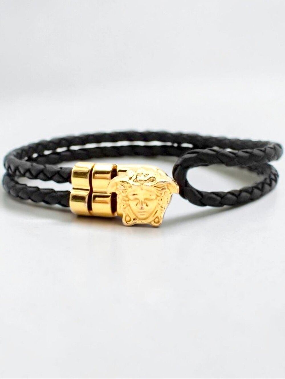 Versace Medusa Black Braided Leather Wrap Bracelet with Gold Accent Unisex